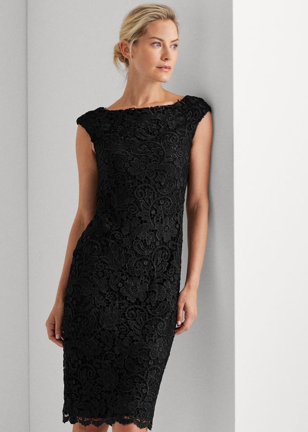 Vestidos Ralph Lauren Mujer Negros - Lace Cap-Sleeve - ZTPAG1204